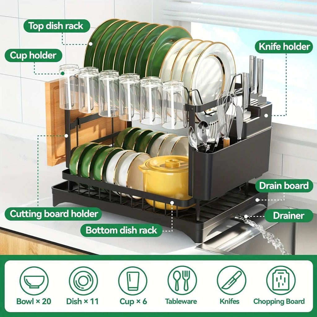 Dish drying rack with utensil holder cup plate storage black kitchen