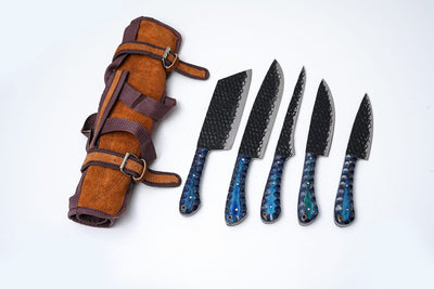 Dragon Scale 5-piece hand-forged carbon steel knife set with blue diamond wood handles and leather roll