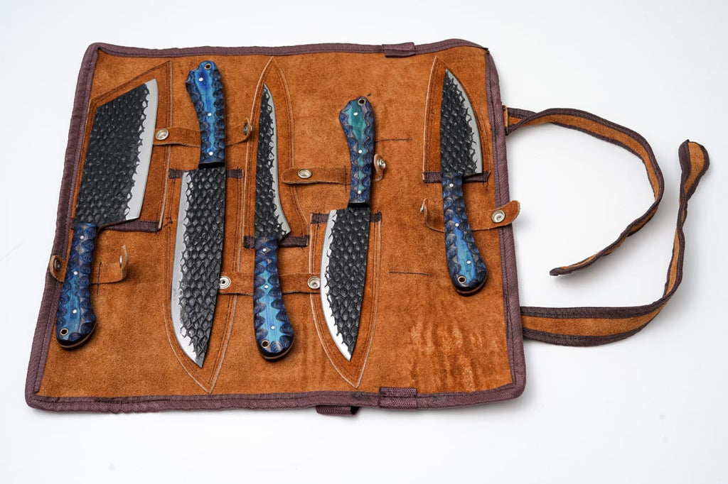 Dragon Scale hand-forged chef knife set carbon steel blades close-up