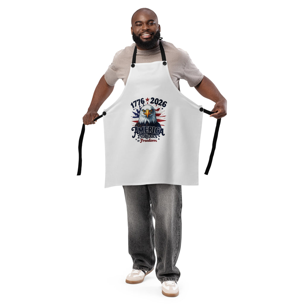 America 250th anniversary chef apron worn front view patriotic kitchen apron