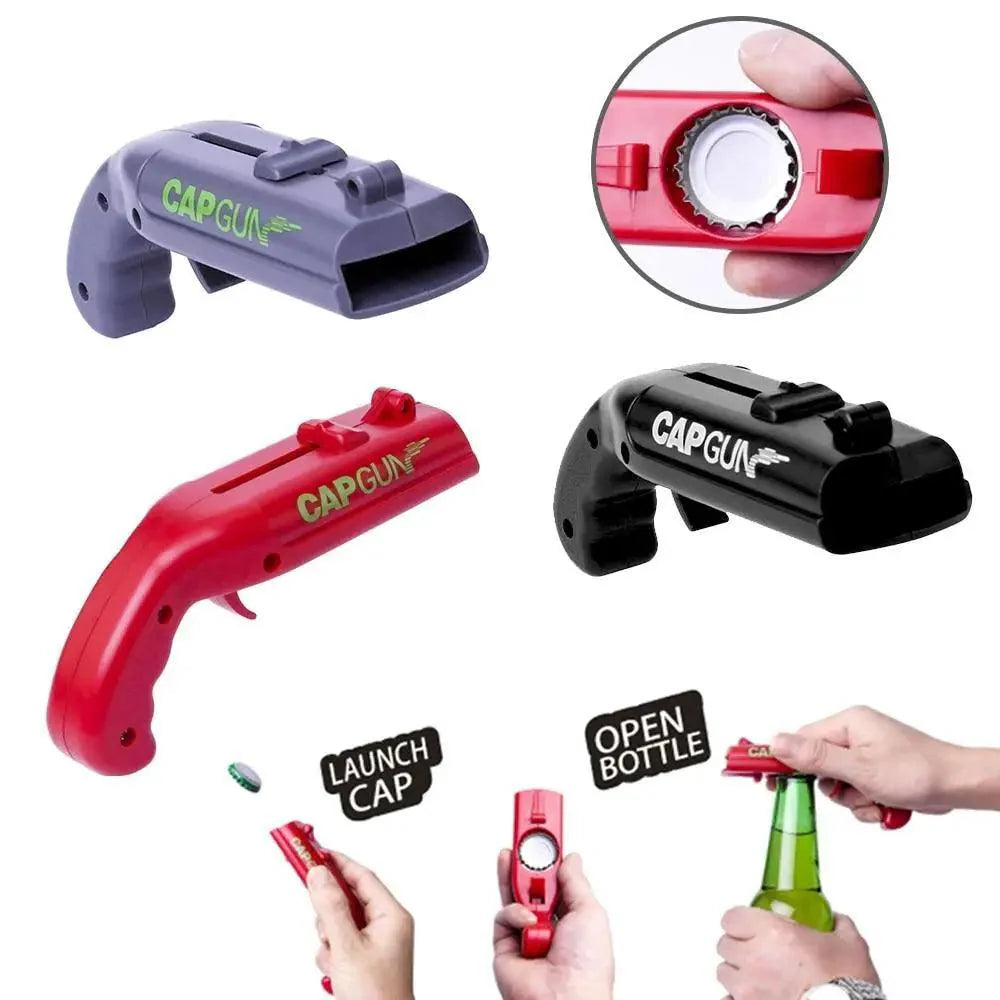 Bottle cap launcher opener in use launching cap kitchen bar gadget