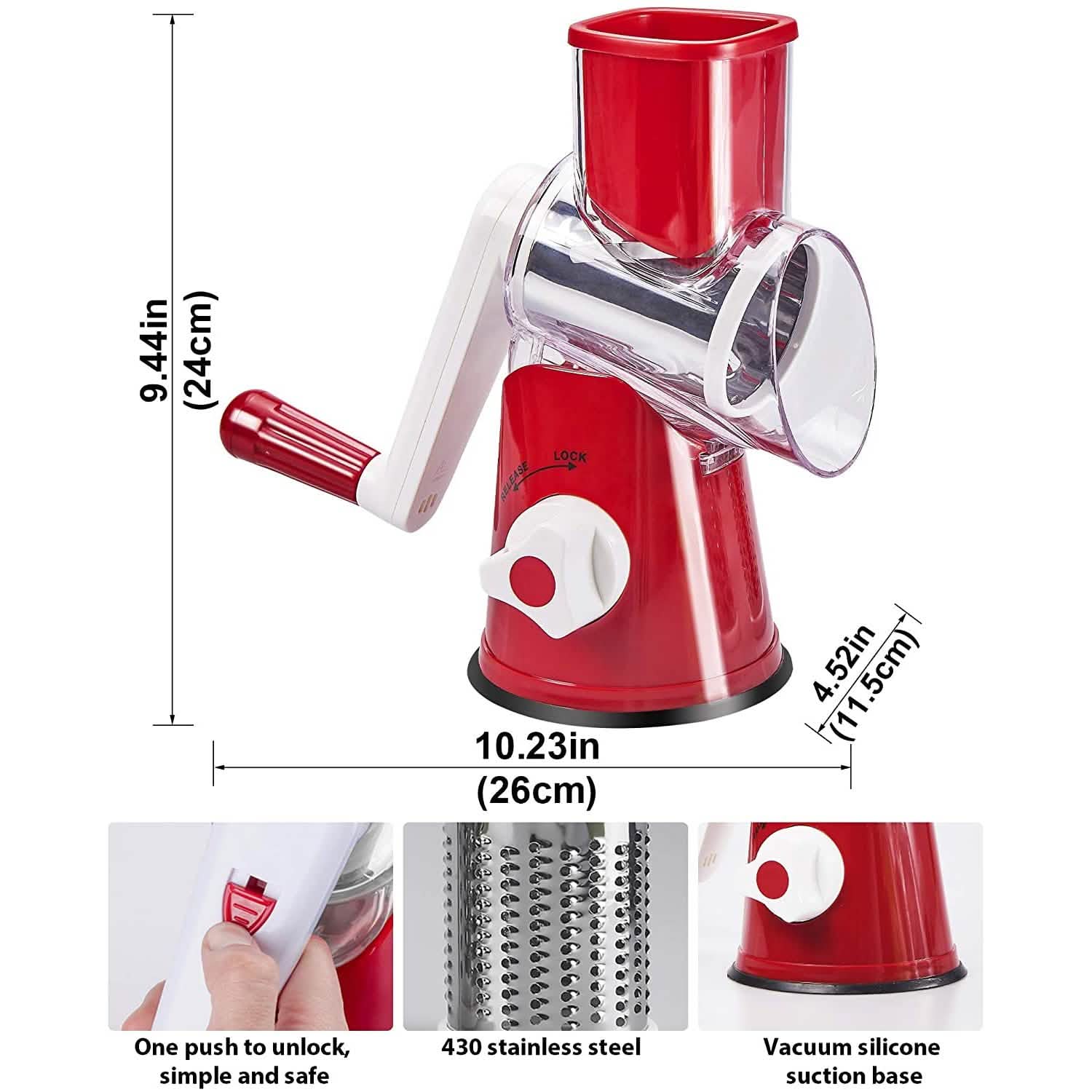 Rotary Cheese Grater with 3 Interchangeable Blades – Stainless Steel Food Shredder