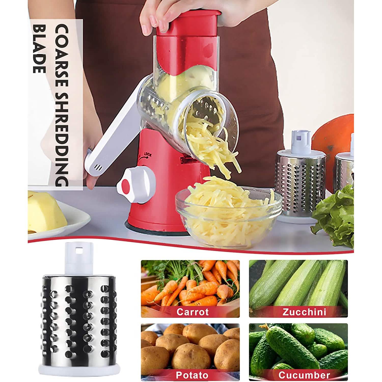 Rotary Cheese Grater with 3 Interchangeable Blades – Stainless Steel Food Shredder