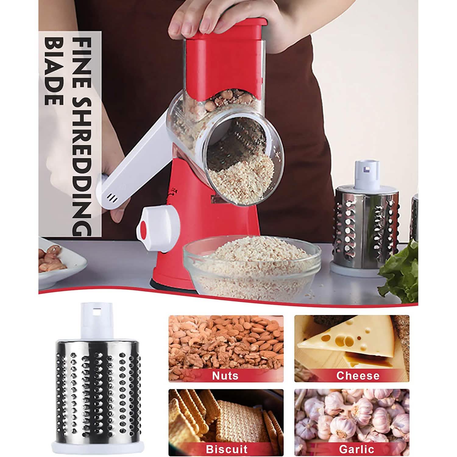 Rotary Cheese Grater with 3 Interchangeable Blades – Stainless Steel Food Shredder