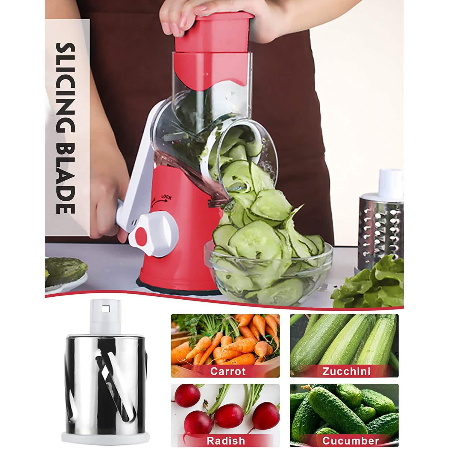 Rotary Cheese Grater with 3 Interchangeable Blades – Stainless Steel Food Shredder