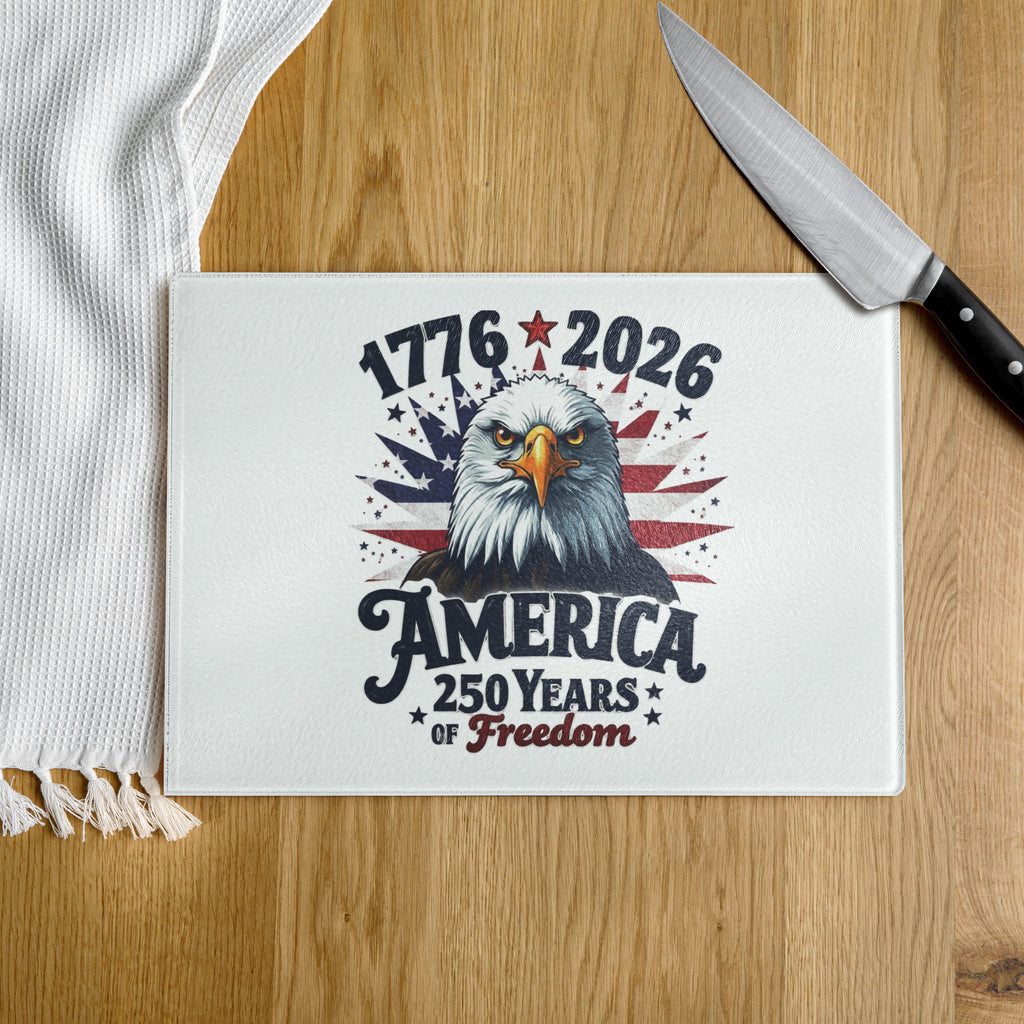 Patriotic glass cutting board America 250th anniversary design top view