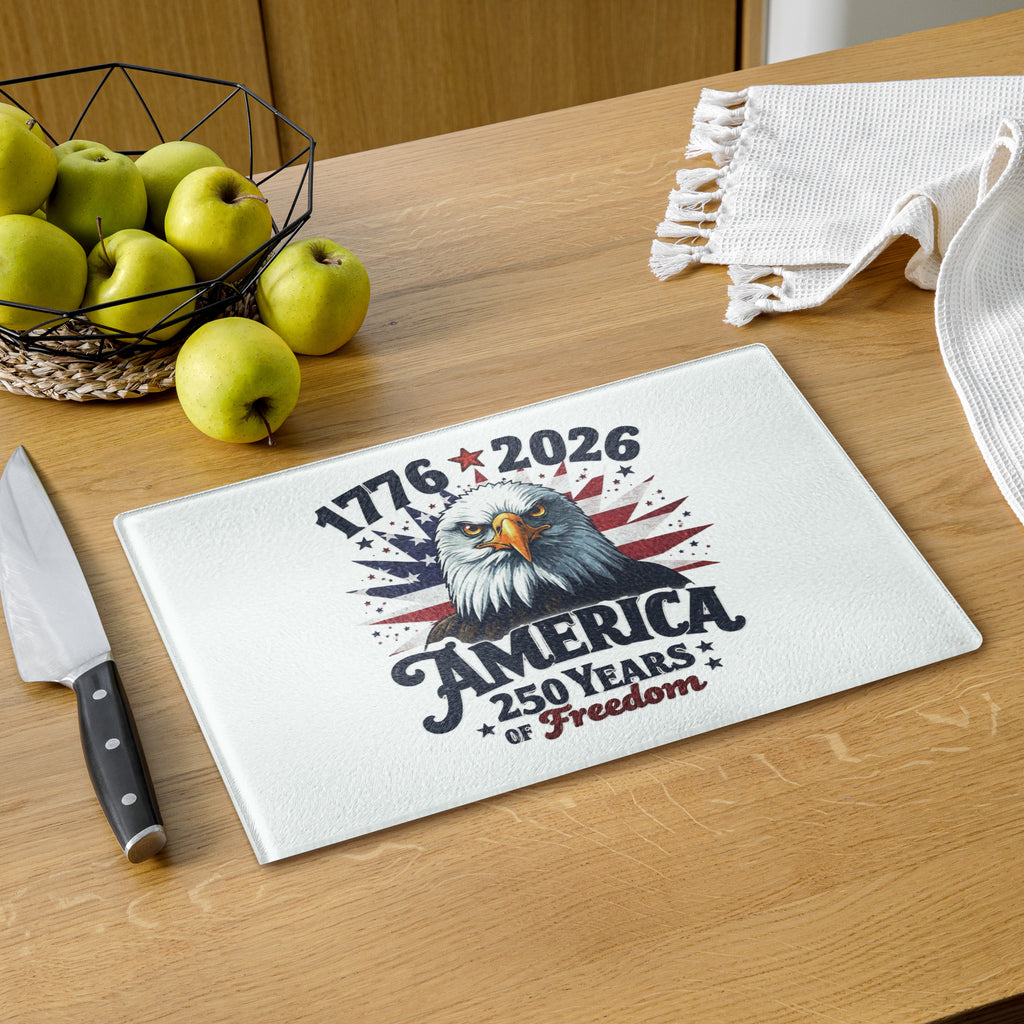 1776-2026 America freedom glass cutting board in kitchen setting
