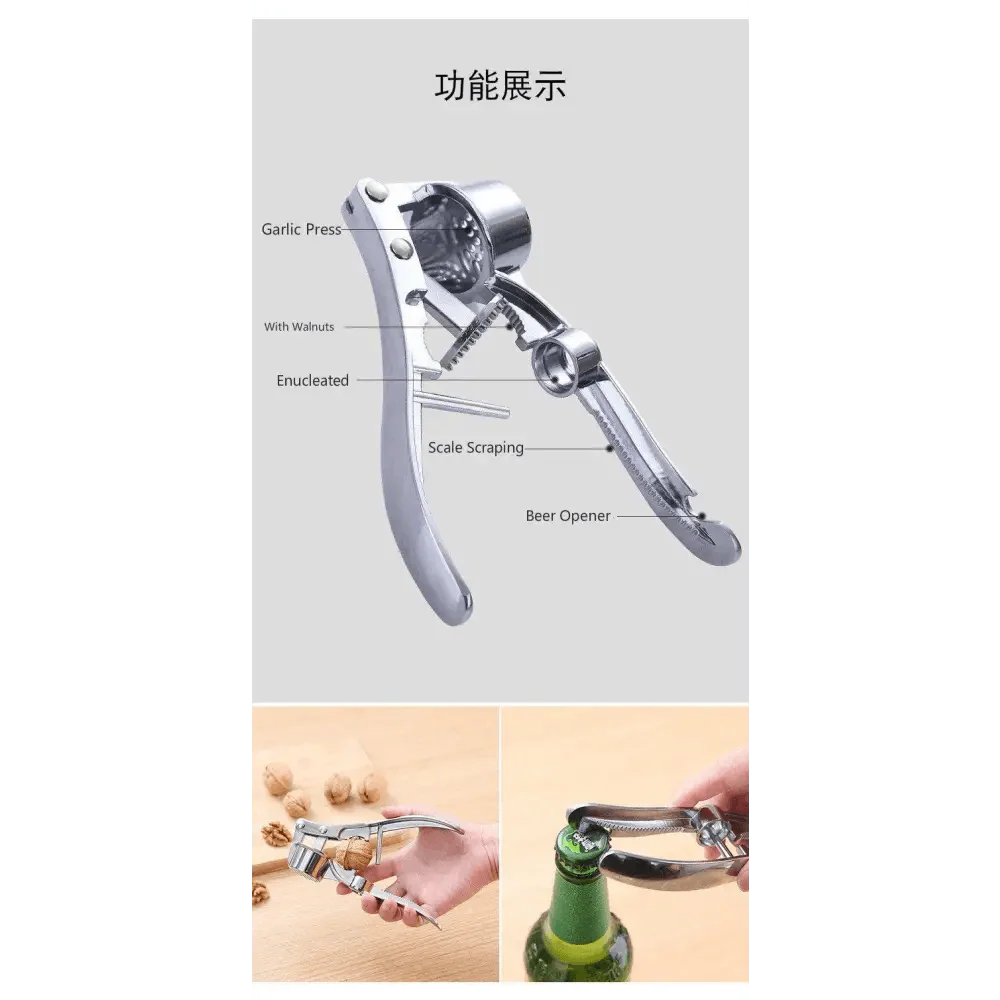 Garlic press crusher squeezing garlic in kitchen cooking gadget