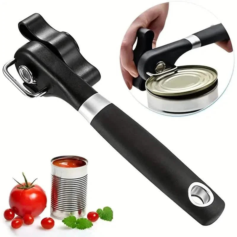 Stainless steel can opener in use opening tin can kitchen gadget