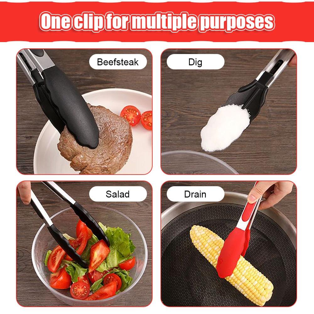 Non-stick barbecue tongs silicone tip stainless steel body kitchen
