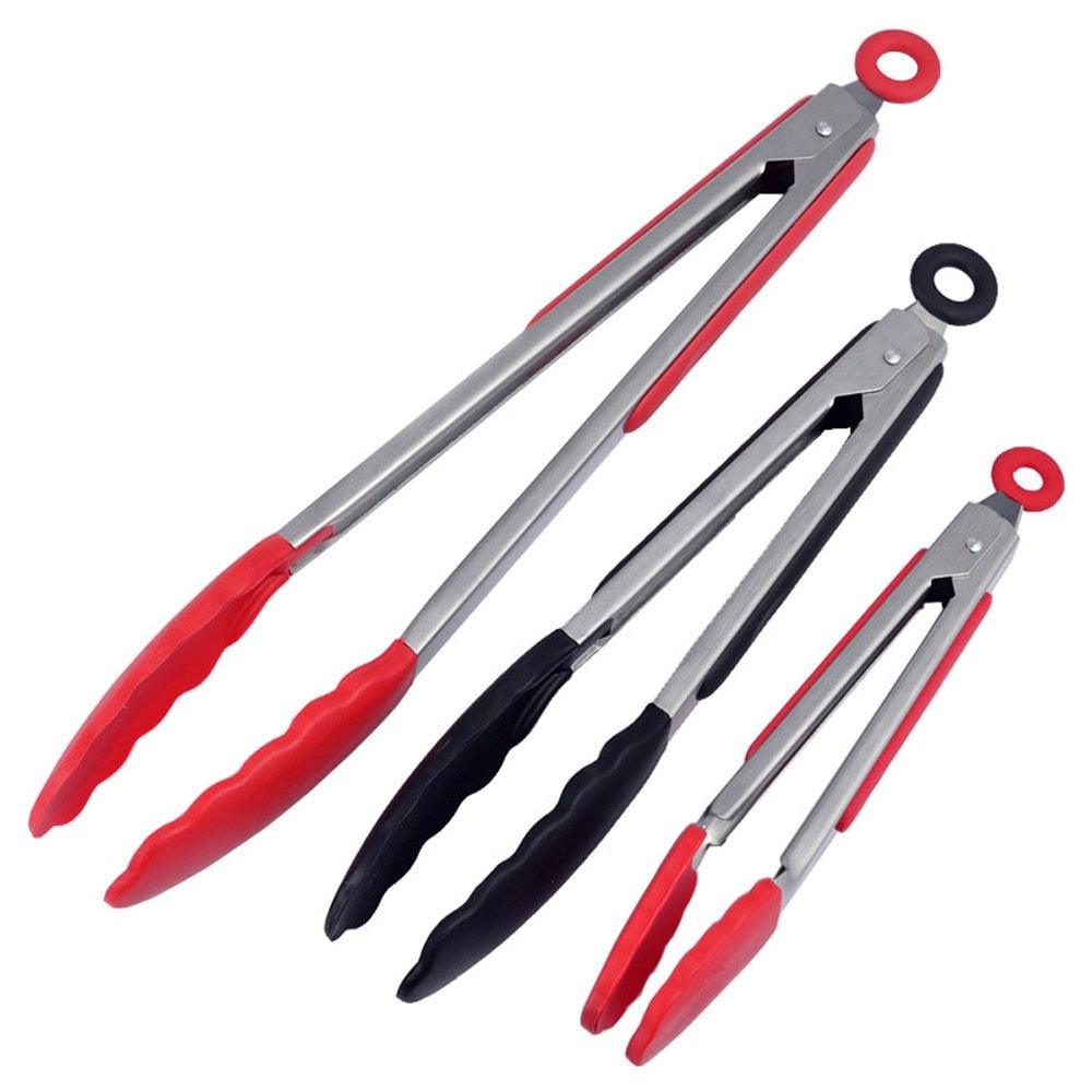 Silicone BBQ grilling tongs non-stick stainless steel 12-inch red